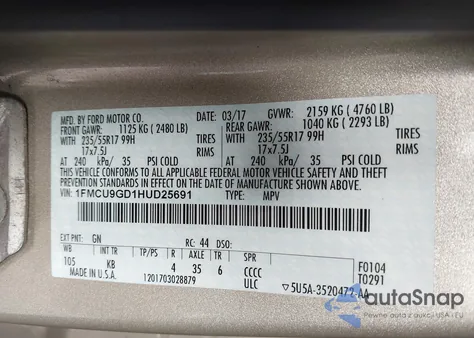 2017 Ford Escape Se from USA, damaged, VIN 1FMCU9GD1HUD25691